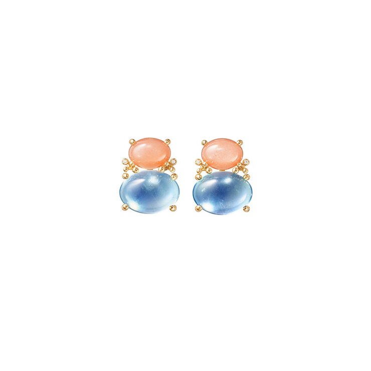 boucles d'oreilles Ole Lynggaard en or jaune 18 ct avec pierre de lune et aigue-marine entouré de briljants de 0,01 karaat