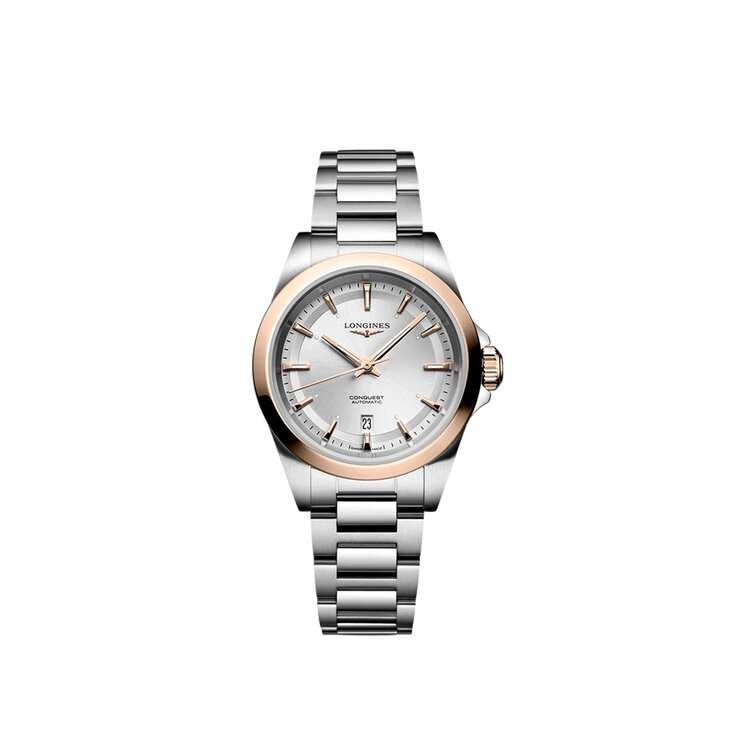 Longines horloge met een kast in rosé goud op staal, met een wijzerplaat in het zilver en een diameter van 30