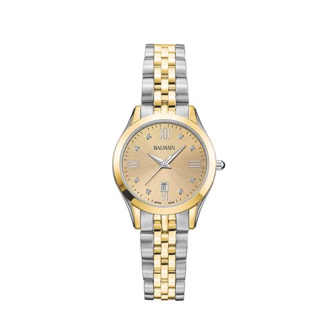 Balmain horloge met een kast in gele pvd-coating op staal, met een wijzerplaat in het geel met briljant en een diameter van 30 mm