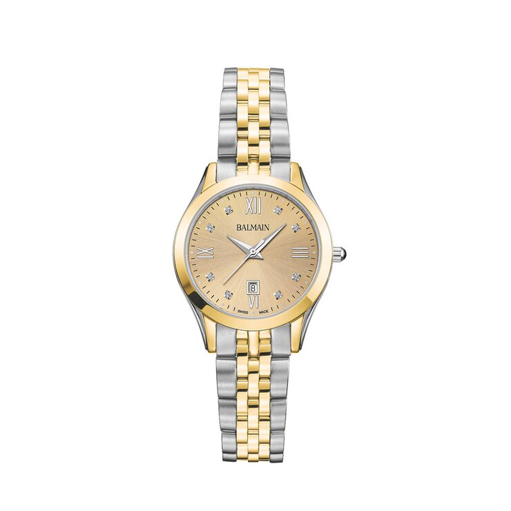 Balmain horloge met een kast in gele pvd-coating op staal, met een wijzerplaat in het geel met briljant en een diameter van 30 mm