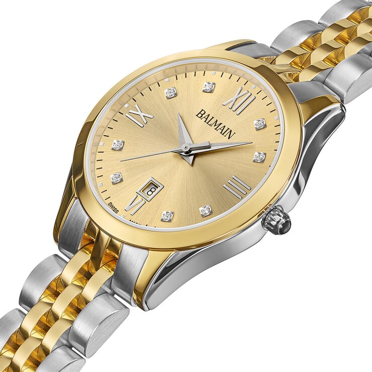 Balmain horloge met een kast in gele pvd-coating op staal, met een wijzerplaat in het geel met briljant en een diameter van 30 mm