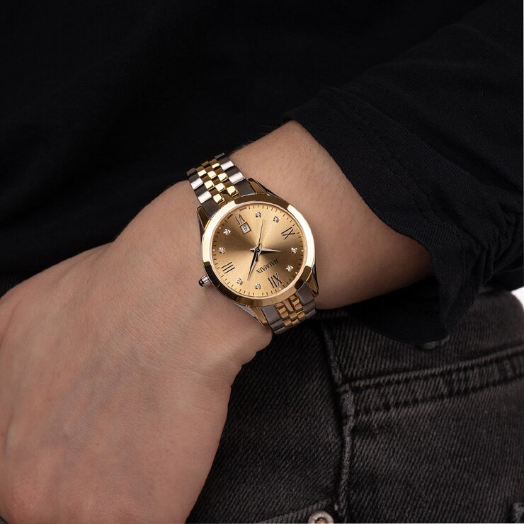 Balmain horloge met een kast in gele pvd-coating op staal, met een wijzerplaat in het geel met briljant en een diameter van 30 mm