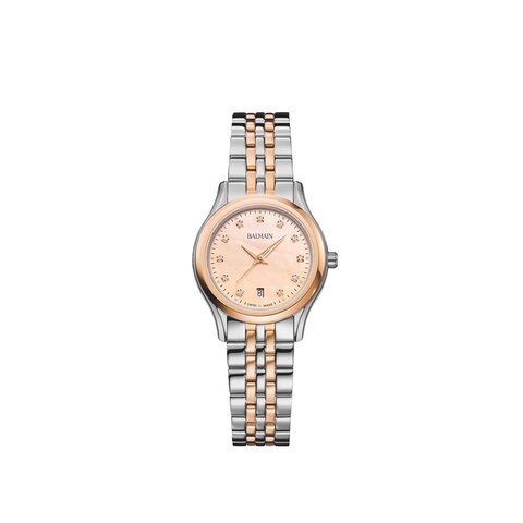 Balmain horloge met een kast in rosé pvd-coating op staal, met een wijzerplaat in het parelmoer met  briljant en een diameter van 27.5 mm