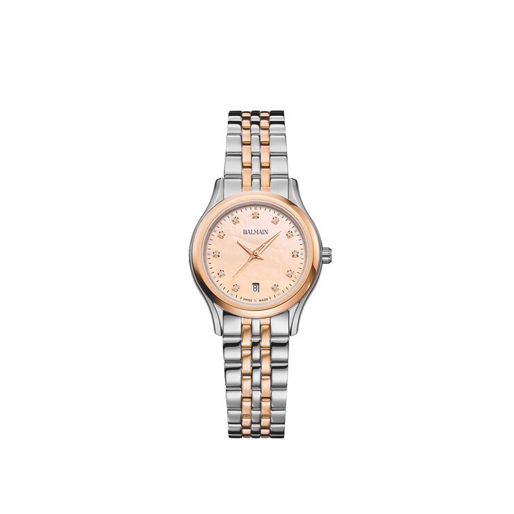 Balmain horloge met een kast in rosé pvd-coating op staal, met een wijzerplaat in het parelmoer met  briljant en een diameter van 27,5