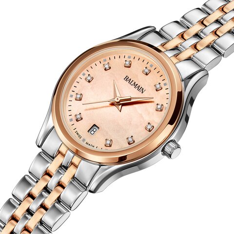 Balmain horloge met een kast in rosé pvd-coating op staal, met een wijzerplaat in het parelmoer met  briljant en een diameter van 27.5 mm