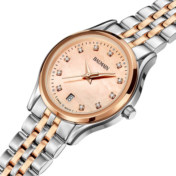 Balmain horloge met een kast in rosé pvd-coating op staal, met een wijzerplaat in het parelmoer met  briljant en een diameter van 27,5