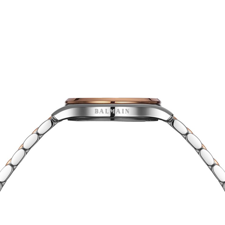 Balmain horloge met een kast in rosé pvd-coating op staal, met een wijzerplaat in het parelmoer met  briljant en een diameter van 27,5