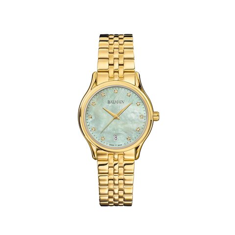 Balmain horloge met een kast in gele pvd-coating, met een wijzerplaat in het parelmoer met  briljant en een diameter van 32 mm