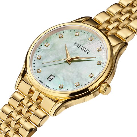 Balmain horloge met een kast in gele pvd-coating, met een wijzerplaat in het parelmoer met  briljant en een diameter van 32 mm