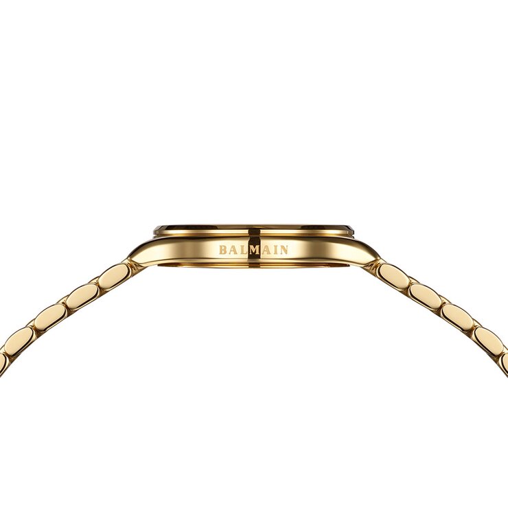 Balmain horloge met een kast in gele pvd-coating, met een wijzerplaat in het parelmoer met  briljant en een diameter van 32 mm