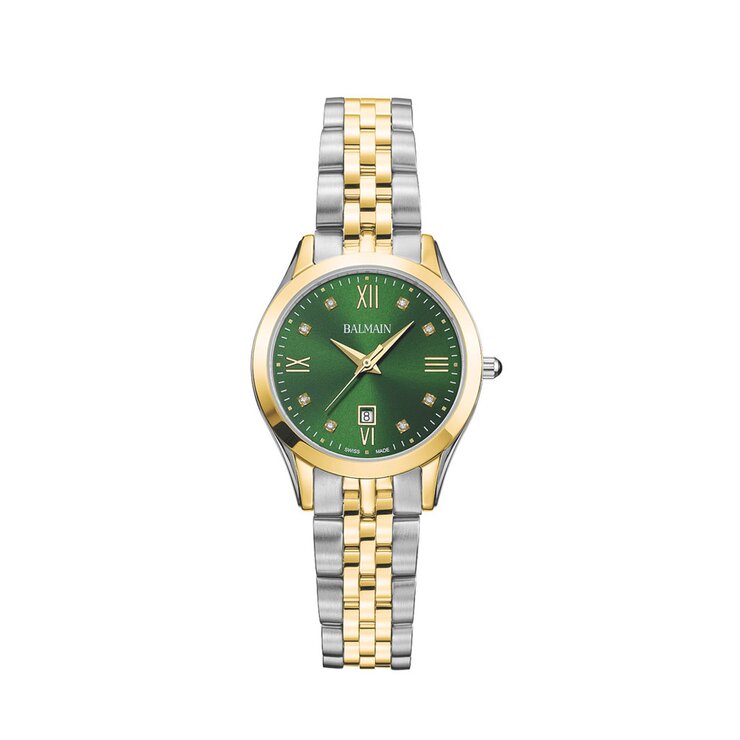 Balmain horloge met een kast in gele pvd-coating op staal, met een wijzerplaat in het groen met briljant en een diameter van 30 mm