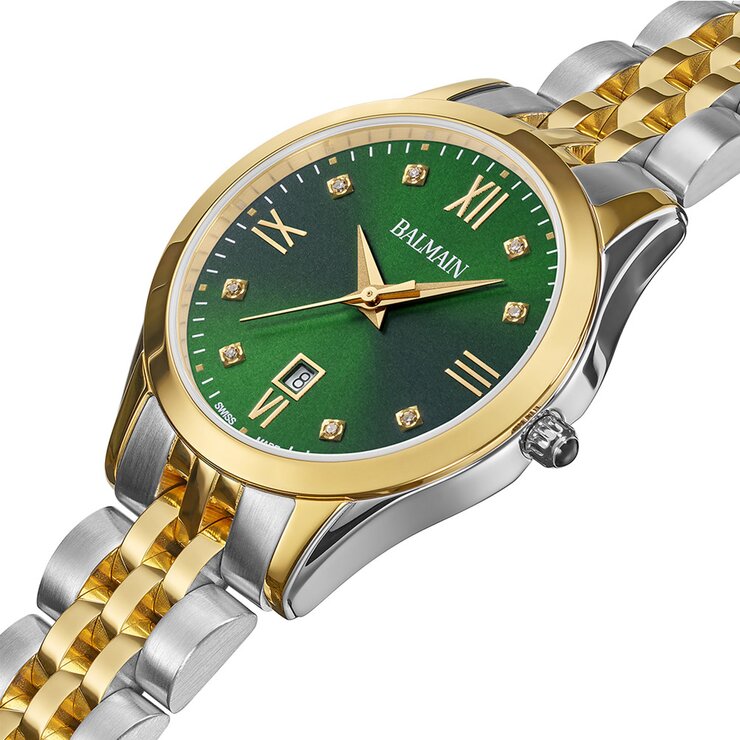 Balmain horloge met een kast in gele pvd-coating op staal, met een wijzerplaat in het groen met briljant en een diameter van 30 mm
