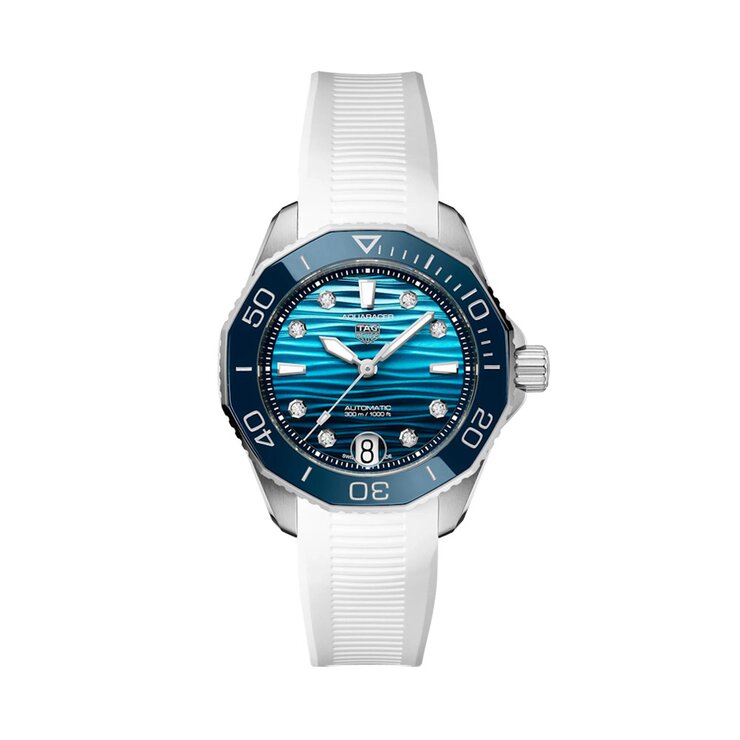 TAG Heuer horloge met een kast in keramiek op staal, met een wijzerplaat in het blauw met briljant en een diameter van 36