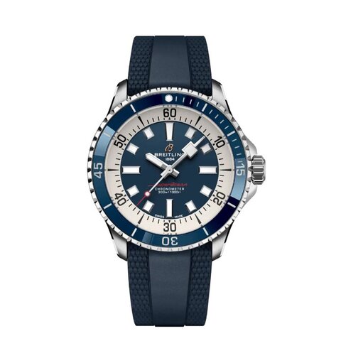 Breitling horloge met een kast in staal, met een wijzerplaat in het blauw en een diameter van 42