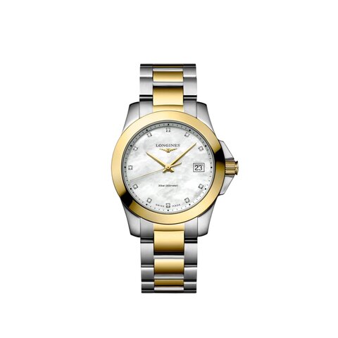Longines horloge met een kast in gele pvd-coating op staal, met een wijzerplaat in het parelmoer met  briljant en een diameter van 34