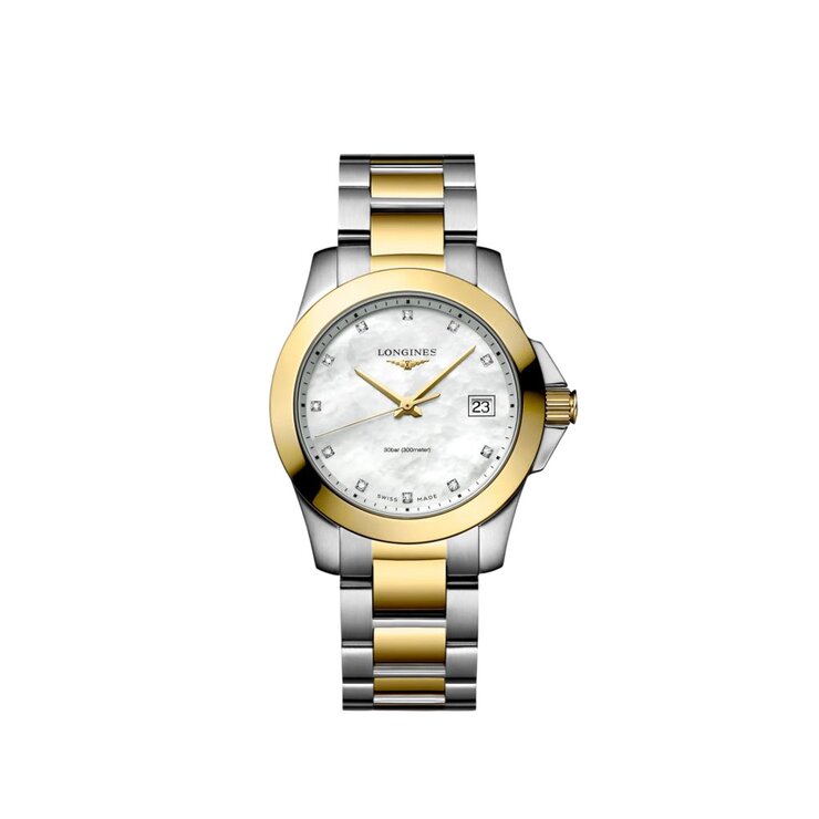 Longines horloge met een kast in gele pvd-coating op staal, met een wijzerplaat in het parelmoer met  briljant en een diameter van 34 mm