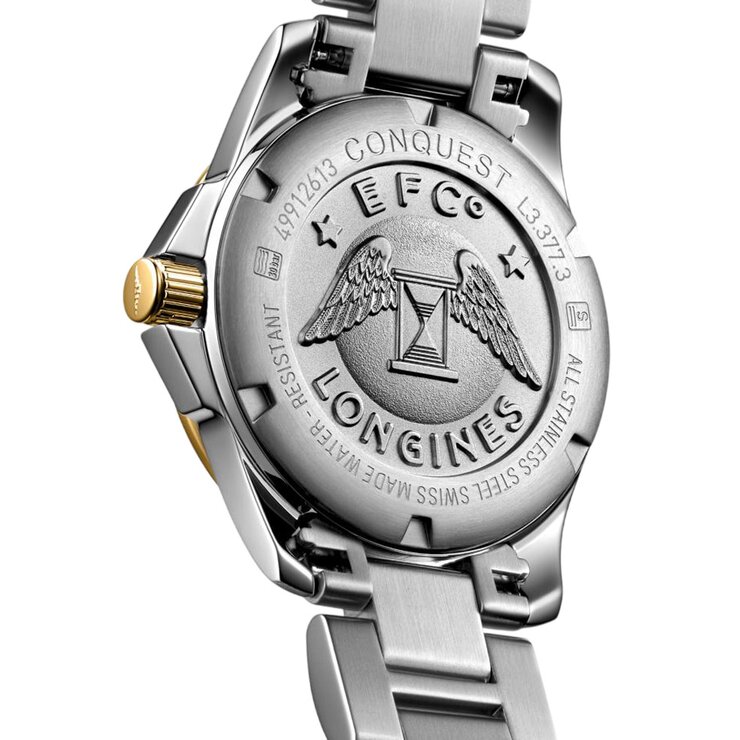 Longines horloge met een kast in gele pvd-coating op staal, met een wijzerplaat in het parelmoer met  briljant en een diameter van 34