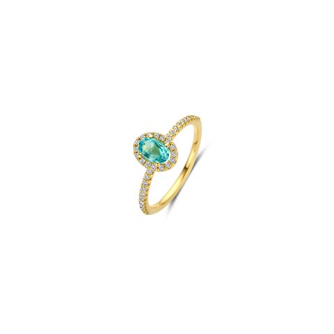 Casteur by Casteur ring in geel goud 18kt met topaas blauw omringd door briljanten van 0,27 karaat