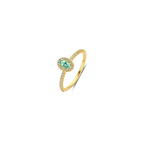Casteur by Casteur ring in geel goud 18kt met topaas blauw omringd door briljanten van 0,26 karaat