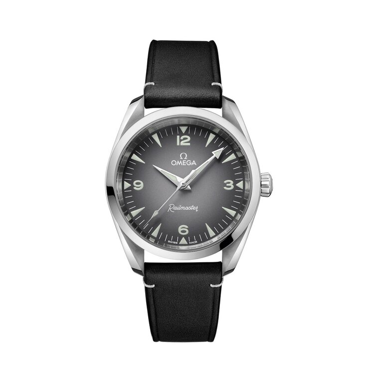 Omega horloge met een kast in staal, met een wijzerplaat in het grijs en een diameter van 38 mm