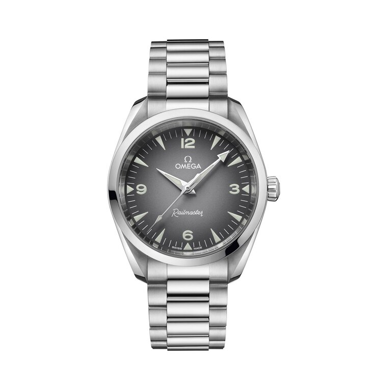 Omega horloge met een kast in staal, met een wijzerplaat in het grijs en een diameter van 38