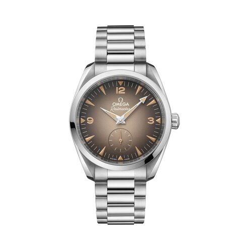 Omega horloge met een kast in staal, met een wijzerplaat in het bruin en een diameter van 38