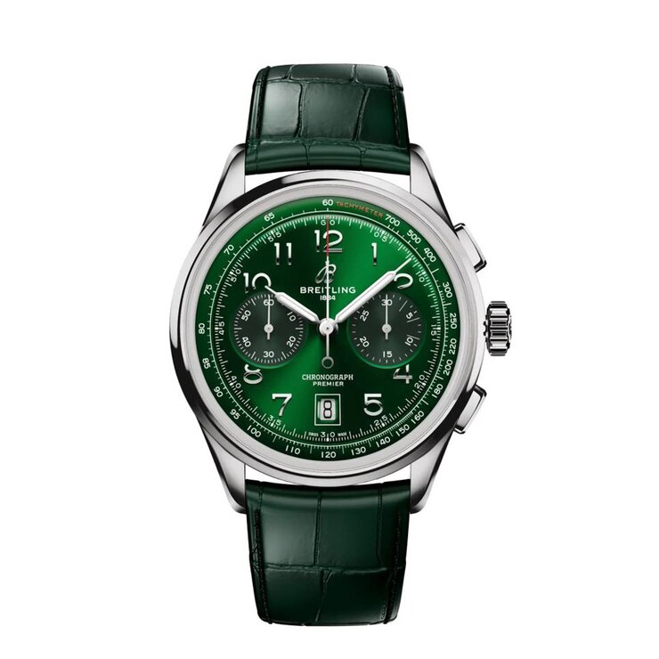 Breitling horloge met een kast in staal, met een wijzerplaat in het groen en een diameter van 42