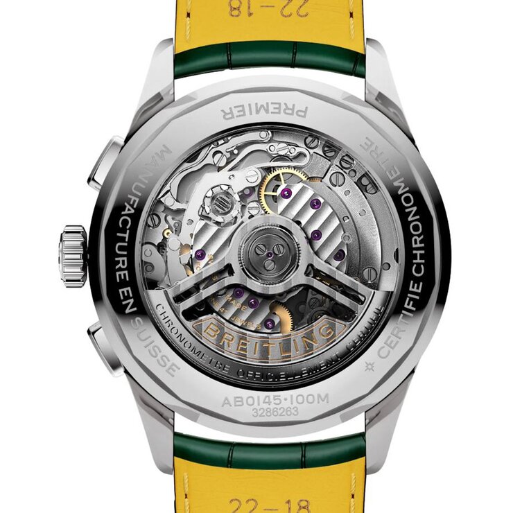 Breitling horloge met een kast in staal, met een wijzerplaat in het groen en een diameter van 42