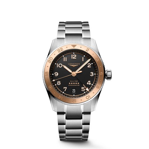 montre Longines avec un boîtier en or rose sur acier, un cadran noir et un diamètre de 39