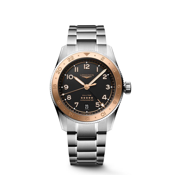 Longines horloge met een kast in rosé goud op staal, met een wijzerplaat in het zwart en een diameter van 39