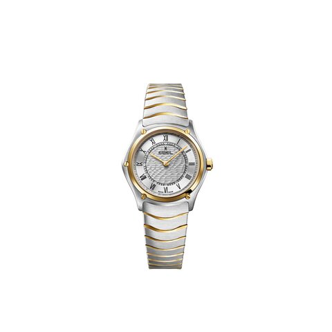 montre Ebel avec un boîtier en or jaune sur acier, un cadran argent et un diamètre de 29