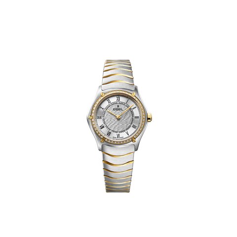 montre Ebel avec un boîtier en or jaune sur acier, un cadran argent et un diamètre de 29