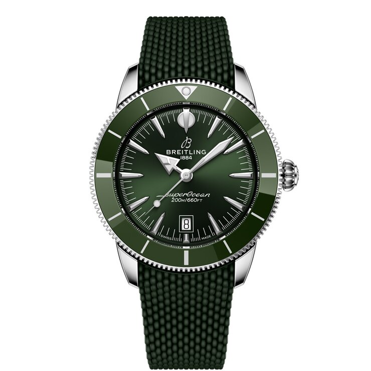 Breitling horloge met een kast in keramiek op staal, met een wijzerplaat in het groen en een diameter van 44 mm