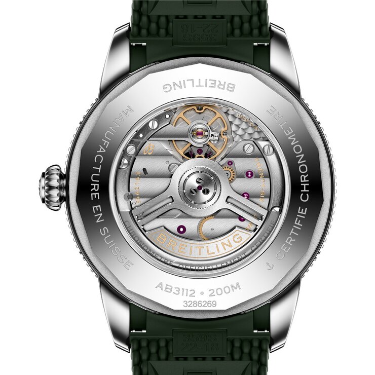 Breitling horloge met een kast in keramiek op staal, met een wijzerplaat in het groen en een diameter van 44 mm