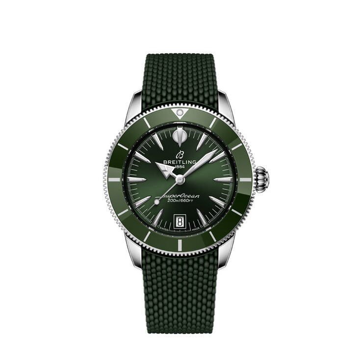 Breitling horloge met een kast in keramiek op staal, met een wijzerplaat in het groen en een diameter van 40 mm