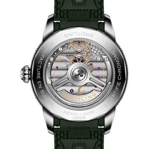Breitling horloge met een kast in keramiek op staal, met een wijzerplaat in het groen en een diameter van 40 mm