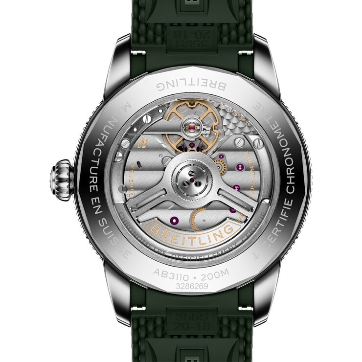 Breitling horloge met een kast in keramiek op staal, met een wijzerplaat in het groen en een diameter van 40