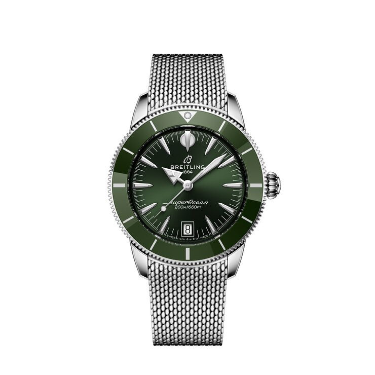 Breitling horloge met een kast in keramiek op staal, met een wijzerplaat in het groen en een diameter van 40