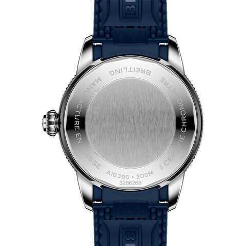 Breitling horloge met een kast in keramiek op staal, met een wijzerplaat in het blauw en een diameter van 36 mm