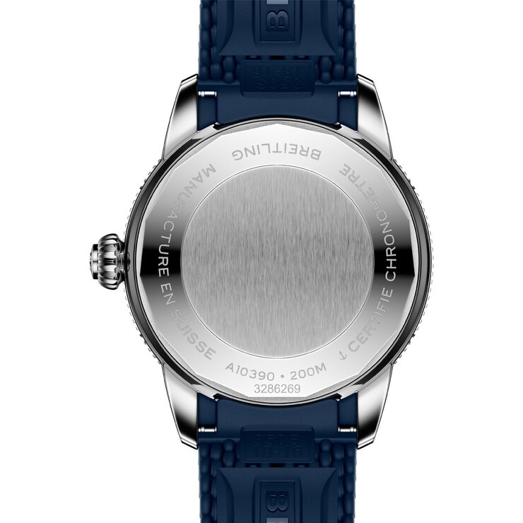 Breitling horloge met een kast in keramiek op staal, met een wijzerplaat in het blauw en een diameter van 36