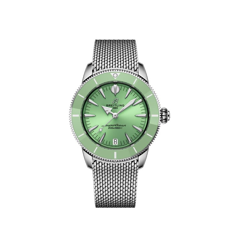 Breitling horloge met een kast in keramiek op staal, met een wijzerplaat in het groen en een diameter van 36 mm