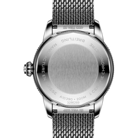 Breitling horloge met een kast in keramiek op staal, met een wijzerplaat in het groen en een diameter van 36 mm