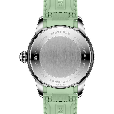 Breitling horloge met een kast in keramiek op staal, met een wijzerplaat in het groen en een diameter van 36 mm