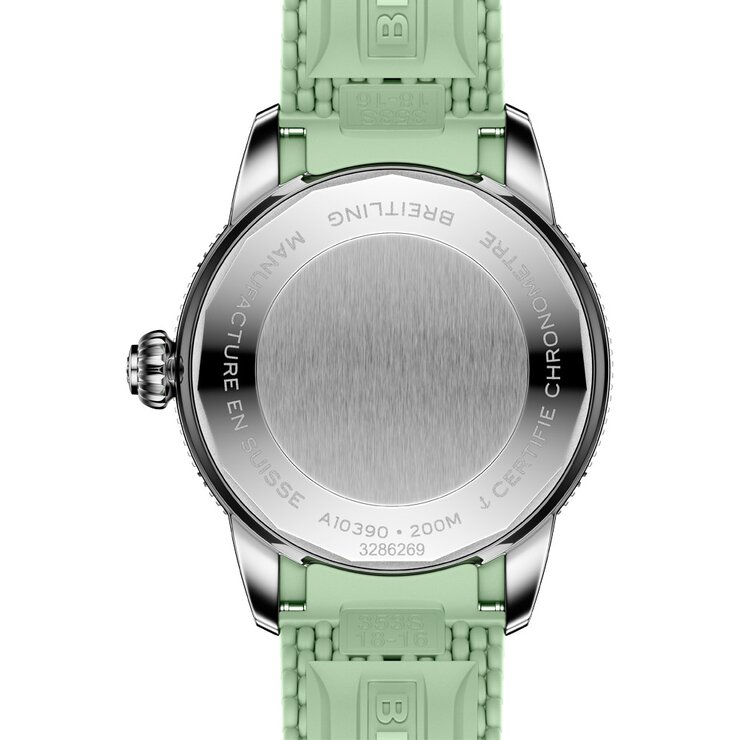 Breitling horloge met een kast in keramiek op staal, met een wijzerplaat in het groen en een diameter van 36