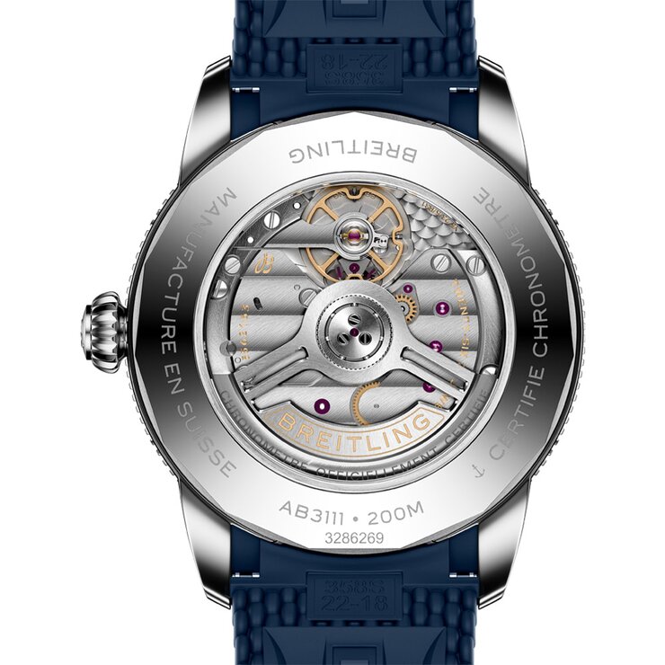 Breitling horloge met een kast in keramiek op staal, met een wijzerplaat in het blauw en een diameter van 42 mm