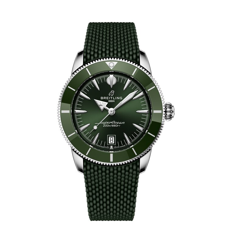 Breitling horloge met een kast in keramiek op staal, met een wijzerplaat in het groen en een diameter van 42 mm