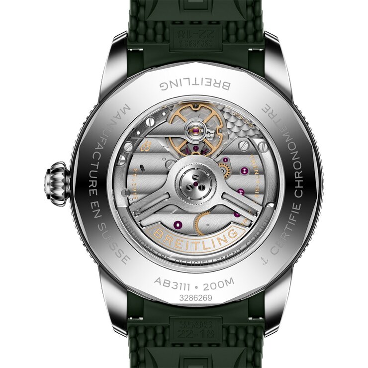 Breitling horloge met een kast in keramiek op staal, met een wijzerplaat in het groen en een diameter van 42