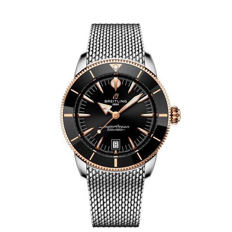 montre Breitling avec un boîtier en or rose sur acier, un cadran noir et un diamètre de 42