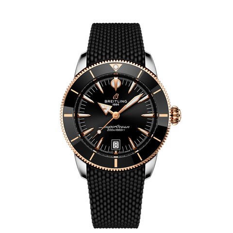 montre Breitling avec un boîtier en or rose sur acier, un cadran noir et un diamètre de 42