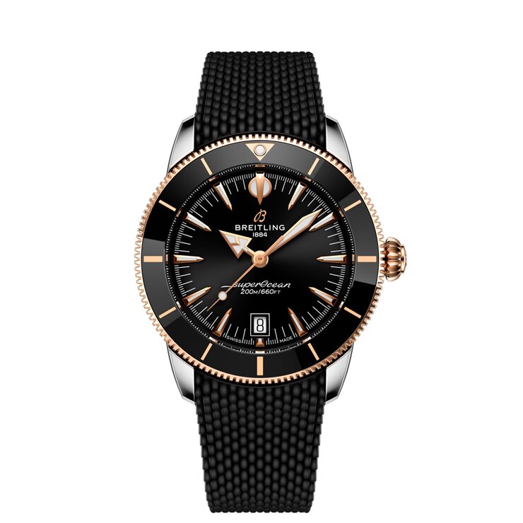 Breitling horloge met een kast in rosé goud op staal, met een wijzerplaat in het zwart en een diameter van 42